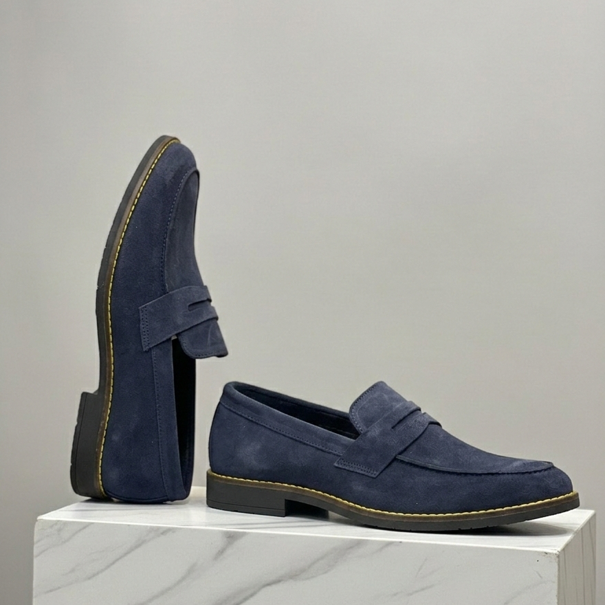 Navy Blue Suede Leather Penny Loafer