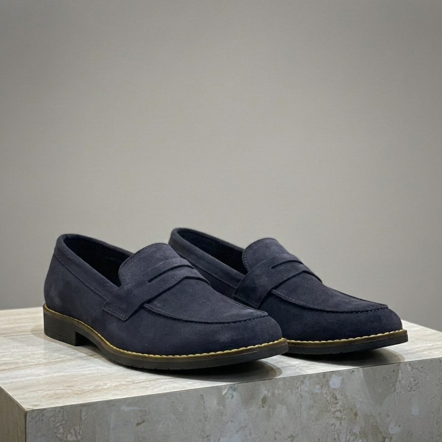 Navy Blue Suede Leather Penny Loafer